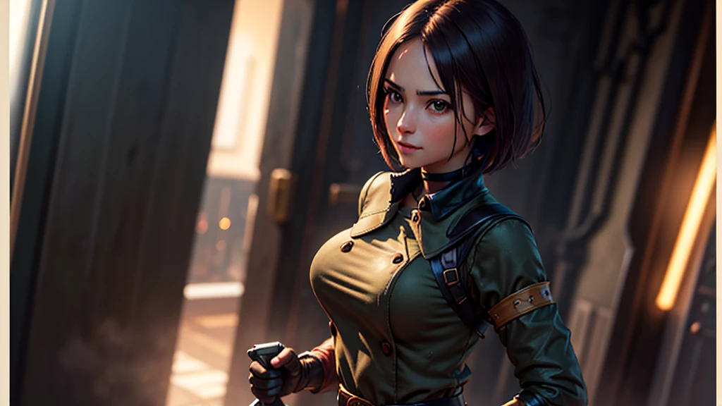(at night), in a video game scene in the background, a beautiful city at night, raining, alone, standing looking straight ahead, military clothing with military green skirt and pants, black gloves, semi-short hair, ((semi-short hair)), 1 girl, 30 years old, young woman, perfect hands, Beautiful fingers, Beautiful long legs, Beautiful body, Beautiful nose, Beautiful character design, perfect face, looking straight at the viewer with a serious gesture and very upset, she has a black whip in her hand (focusing on her face), mouth closed, light_smile, official art, extremely detailed CG unity 8k wallpaper, perfect lighting, bright and colorful front lighting, shiny skin (artwork master: 1.0), (Best_quality: 1.0), ultra High resolution, 4k, ultra detailed photography, 8K, hdr, High resolution, Nonsense:1.2, Kodak portrait 400, film grain, Blurred background, bokeh:1.2, Flash lens, (vibrant_color:1.2), professional photography, (Beautiful, breasts: 1.4), (Beautiful_face: 1.5), (narrow waist),