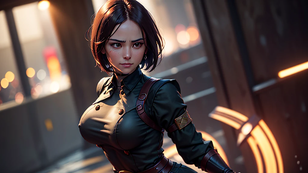 (at night), in a video game scene in the background, a beautiful city at night, raining, alone, standing looking straight ahead, military clothing with military green skirt and pants, black gloves, semi-short hair, ((semi-short hair)), 1 girl, 30 years old, young woman, perfect hands, Beautiful fingers, Beautiful long legs, Beautiful body, Beautiful nose, Beautiful character design, perfect face, looking straight at the viewer with a serious gesture and very upset, she has a black whip in her hand (focusing on her face), mouth closed, light_smile, official art, extremely detailed CG unity 8k wallpaper, perfect lighting, bright and colorful front lighting, shiny skin (artwork master: 1.0), (Best_quality: 1.0), ultra High resolution, 4k, ultra detailed photography, 8K, hdr, High resolution, Nonsense:1.2, Kodak portrait 400, film grain, Blurred background, bokeh:1.2, Flash lens, (vibrant_color:1.2), professional photography, (Beautiful, breasts: 1.4), (Beautiful_face: 1.5), (narrow waist),