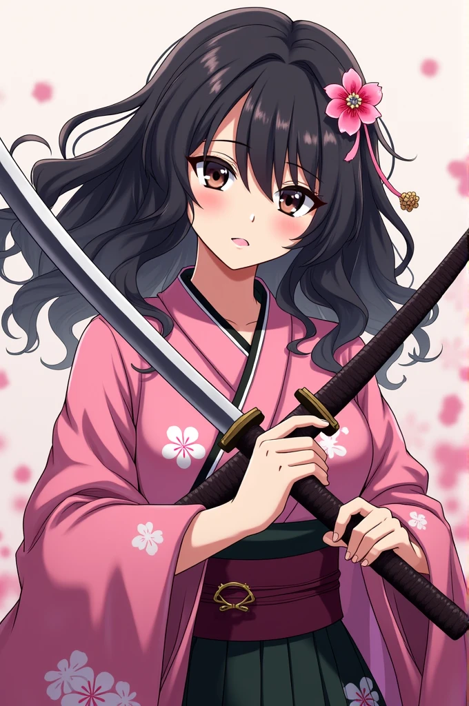 Kimetsu no Yaiba anime style female character, dark hair, curled and half of the hair is held back by a cherry blossom clip. dark shaped eyes. Wearing a pink kimono with a cherry blossom pattern that matches her two katanas, she fights with two. She wears the Hashira uniform underneath her kimono.. She has a seductive and mysterious look. She is grown up and elegant. The hair has many many curls. Her body is very full and robust