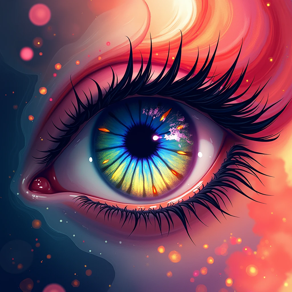 A surreal and energetic representation of a human eye with the title "The Luminous Eye". The eye has a deep blue iris that transitions into vibrant purples, bright greens, and yellows. Surrounding the eye are abstract, swirling patterns resembling smoke and fluid splashes in a spectrum of reds, oranges, and pinks. The sclera and lashes are accented with bold, dark lines, while delicate geometric designs radiate from the pupil. The overall composition is alive with vibrant energy, conveying themes of vision, perception, and insight.