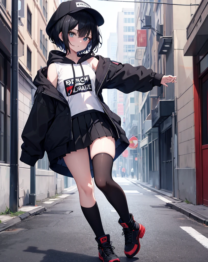 anime, Highest quality, masterpiece, High resolution, stylish, cute ,One person, alone, short hair, Black Hair, hoodie, Off the shoulder:1.2, Mob Cap, Runaway girl, street, Grab the skirt,Thigh-high stockings, Pleated skirt, Ultra mini skirt