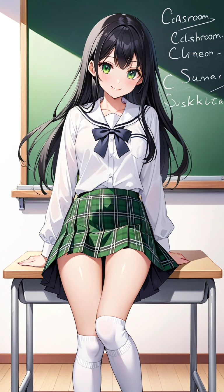 {
"Full body picture of a teenage girl, starting to unbutton her school uniform blouse",
"outfit": "white blouse slightly open, plaid miniskirt, knee-high white socks, black Mary Jane shoes",
"physical_description": " with long straight black hair, large green eyes, very fair skin, slim body",
"pose": "hands unbuttoning the blouse, playful smile",
"background": "classroom with wooden desks and chalkboard"
}