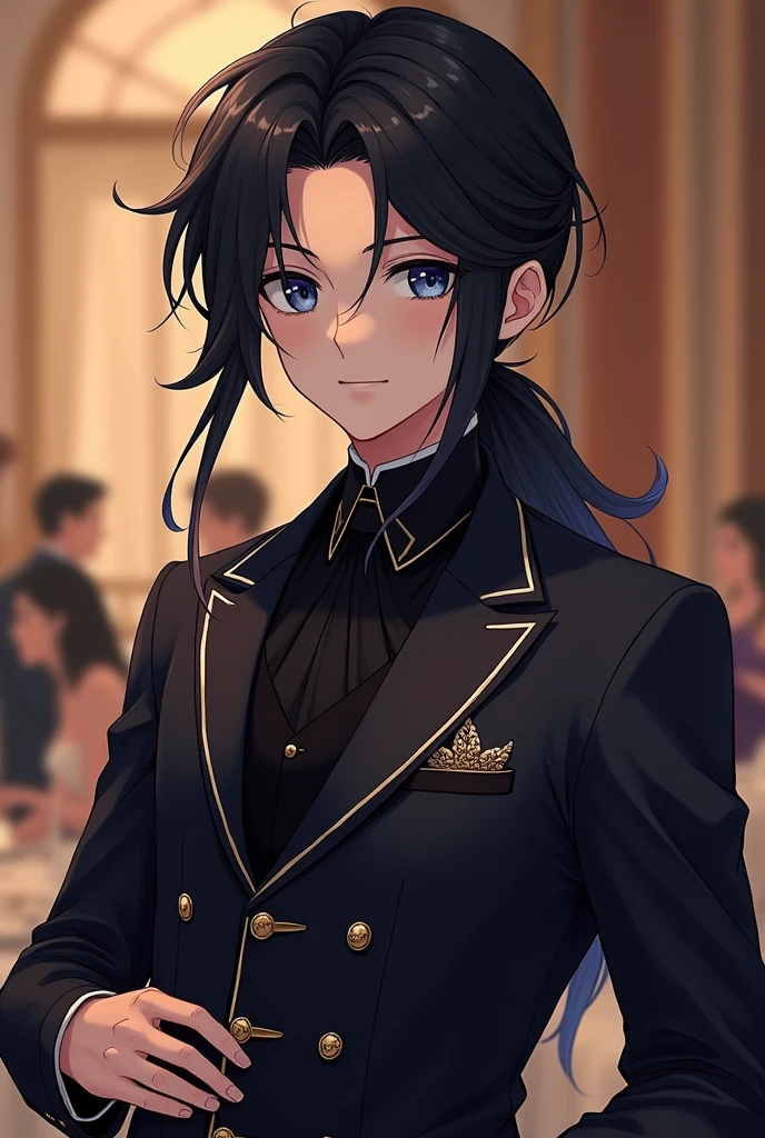 Boy in anime with long black hair with long low ponytail short cap on his forehead dark blue eyes dressed in elegant suit at an anniversary party 