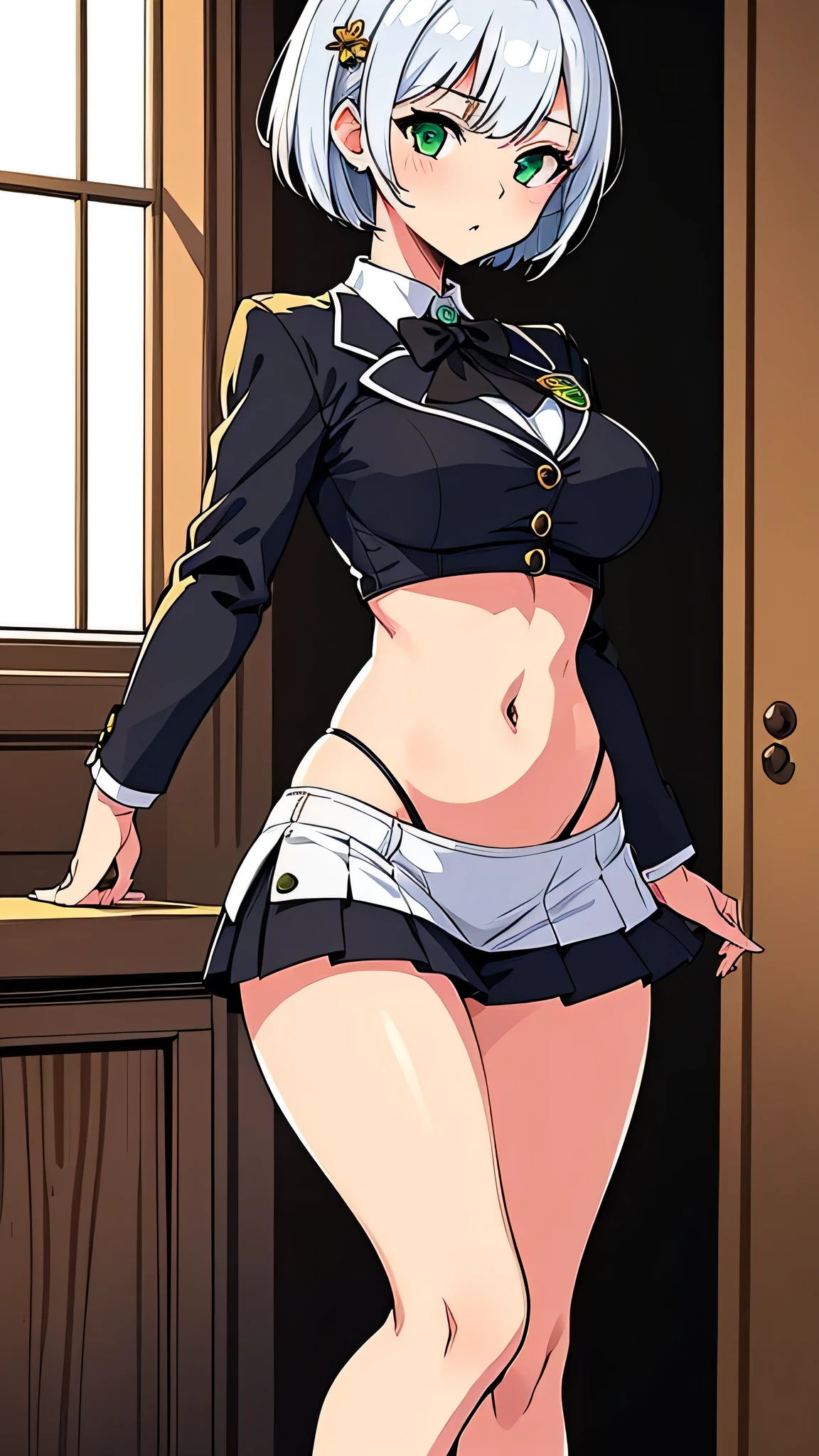 all intricate details, cientificamente: perfect body, girl 1, (masterpiece, best quality:1.2), illustration, solo, 1girl view, short hair, white hair, green eyes, short green blazer, black miniskirt, detailed background, looking at viewer, hair ornaments, indoors, sexy pose, front and sexy angle, open clothes