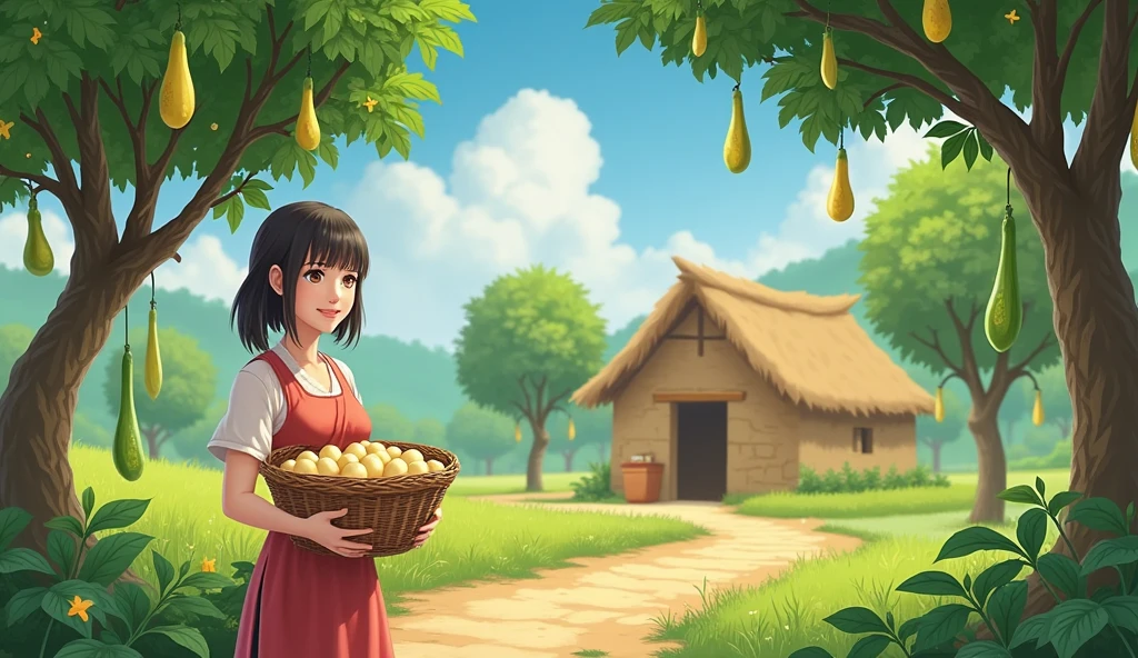 Many gourd small trees near a mud house. Many small green gourds are hanging on that tree. And a woman standing holding many small eggs 