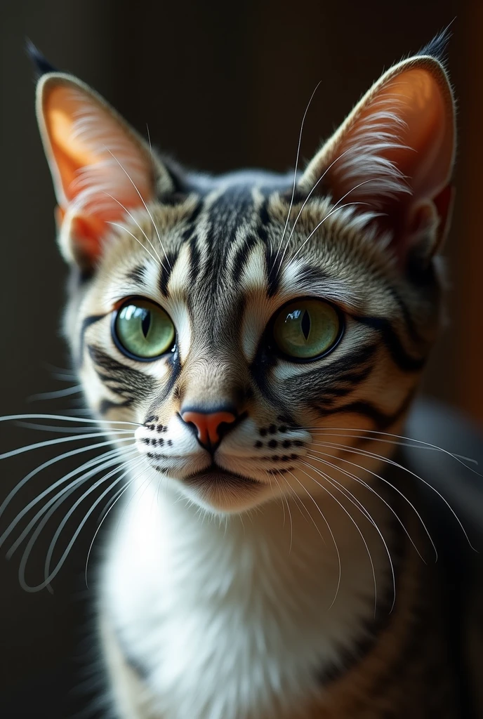 Prompt 5**: A close-up of the handsome human male face cat's face, highlighting his green eyes and the small tilak on his forehead. His fur is sleek, and his expression is one of calm and confidence, reflecting his smart and handsome nature.
