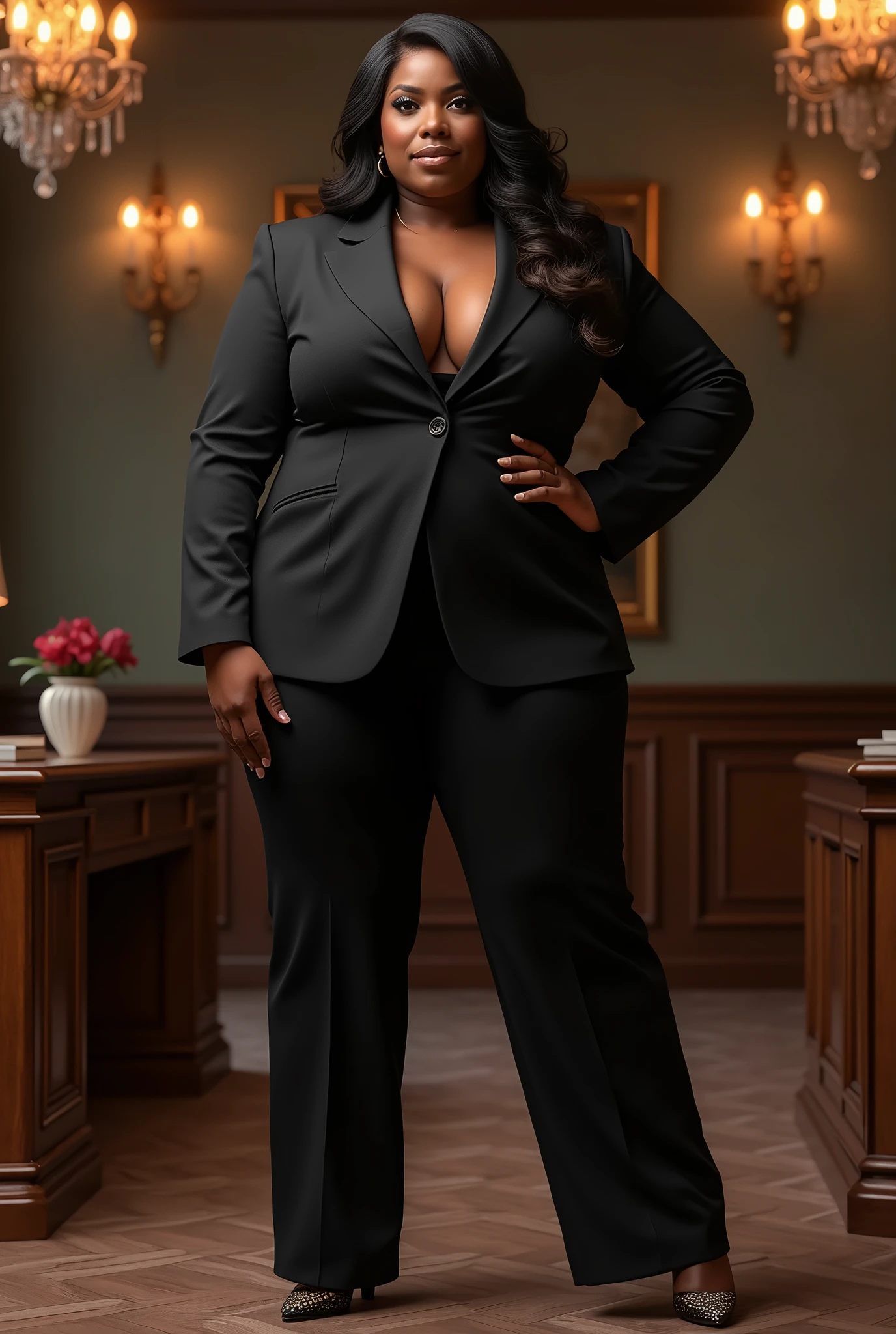 Create a high-resolution realist 3d image of a dark skin toned melanin elegant woman with a findom dominant and commanding persona and Prescence wearing luxurious attire, such as a tailored suits or designer dress, and posed in a confident stance. full body tall and plus size curvey body 5'9 265 lbs This mage should exude power, control, and sophistication, with a hint of mystery. the back ground is lavish hight rise office or a luxurious richly decotated tool reflecting wealth and power