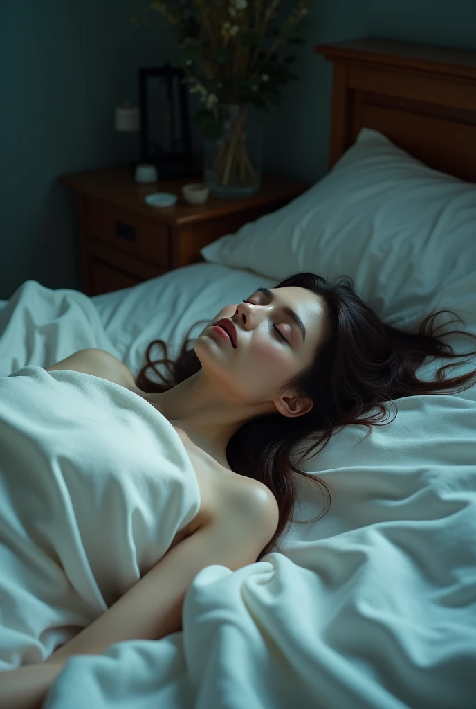 A beautiful girls dead body laying down and covering with white cloth half naked in a bed 4k realistic full body displayed head to leg