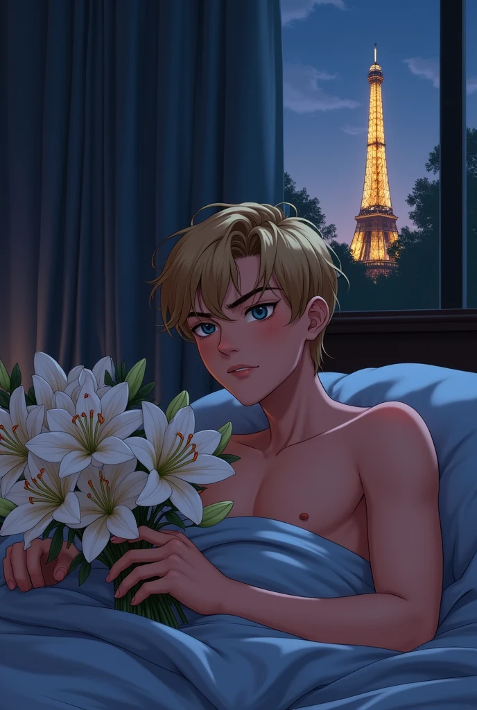 A young man, naughty man, 20 year, offwhite, Parisian, grayish green eyes, dark blonde hair, medium short cut, Unclothed, com um buque de lirios offwhites cobrindo o penis, with an embarrassed smile, on the bed, in a low light room, the night, with blinkers, and with trees in the window showing the Eiffel Tower in the background, in hentai-cartoon-realistic style