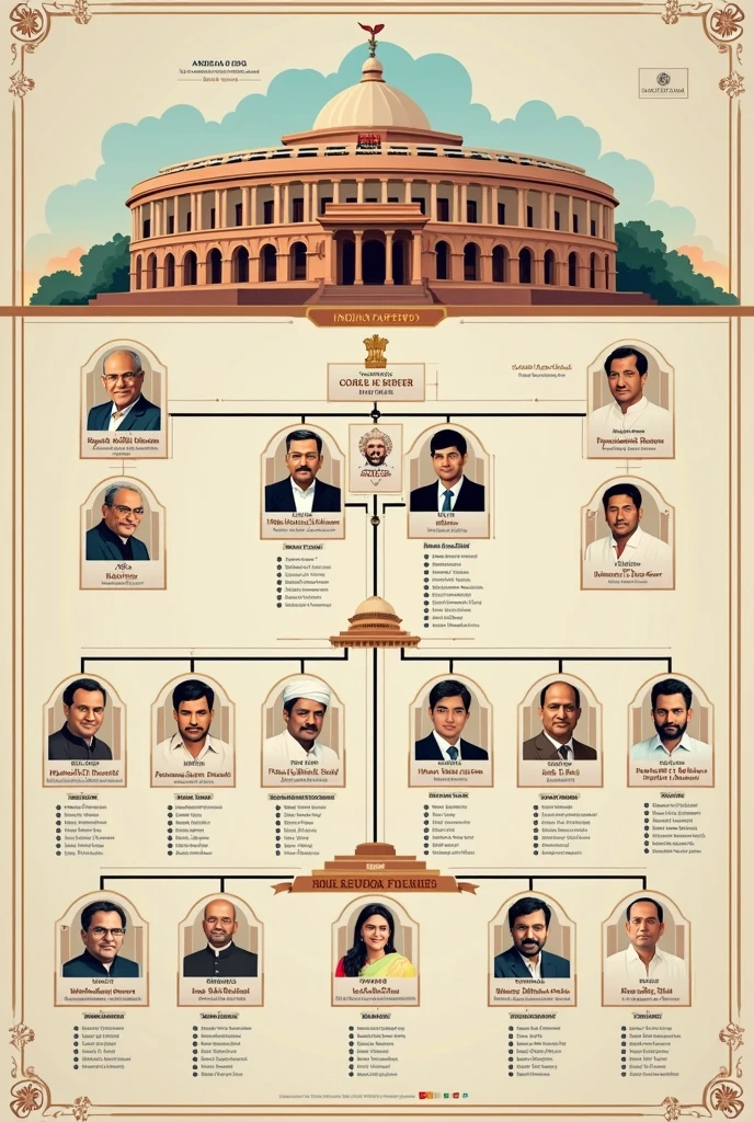 Design an organizational chart depicting the structure of the Indian Parliament, including the Rajya Sabha (Council of States) and the Lok Sabha (House of the People). Include key positions such as the Speaker, Deputy Speaker, Prime Minister, and President.