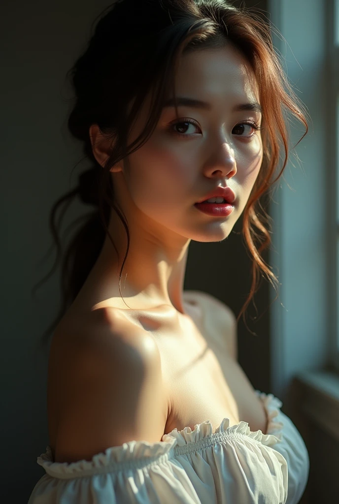 Best Quality, Masterpiece, Ultra High Resolution, (Realisticity: 1.4), Original Photo, 1girl, Off Shoulder, Cinematic Lighting, Big , 8K