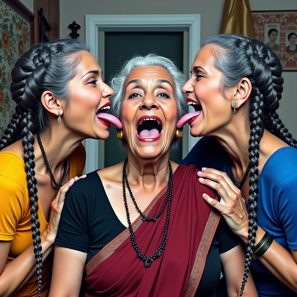 In indian home,2 younger indian lady & 60 yeras old eldery indian lady,total two indian ladies are involving wild kissing,these two ladies wears petticoat and home maded bras with cloths as per image prompt,both of them are kissing each other by raided up their one hand and exposing armpits,These both ladies having super long armpit hairs like rapunzel hairs,As per elderity eldery lady having gray and black mixed armpit hairs since younger having fine black color rapunzel armpit hairs comes from armpit,These super long rapunzel armpit hairs are meticulaiursly braided in to cornror braids like multiple cornrow braids are there in armpits,Since younger the younger lady having huge breast tightend to her home made bra and eldery lady having eldery sagging breasts,however these super breast can be highly visible poppong out from their home made cloth bras,These all three ladies' faces are with showing full of sexual wildness showing out from their faces exact as in image prompt,Their eyes are fullfill with sexual wildness with raping hairs as per the imahe prompt,(Show me their tongues,long tongues:1.0) styled with 100000 liters hair oil,hairs like viscus oiled pulp,slick combed hair lines highly visible,{{{{Ladies wears perfect dresses in perfectt busty}}}},{{{{{NSFW}}}}},{{{{{{Hairs highly soaked}}}}}},{{{Hairs Drenched in water}}}}},{{{slick combed hair lines}}}},{{{{Hairlines reflecting shinning like mirrors with water}},{{{{{Showcase full bodies perfect figures}}}}},{{{{{High resolution perfecr color grading}}}}}},{{{Perfect hair buns on all three ladies exactly in image prompt}}}}}}},((((((((Generate ethnicity as imdian sexy build ladies))))))))),((((((Generate wildness poses where shows the wildness maturity of the sexually wildness and extremly extremly wildness in to hair licking by their tongues exatly as image prompt))))