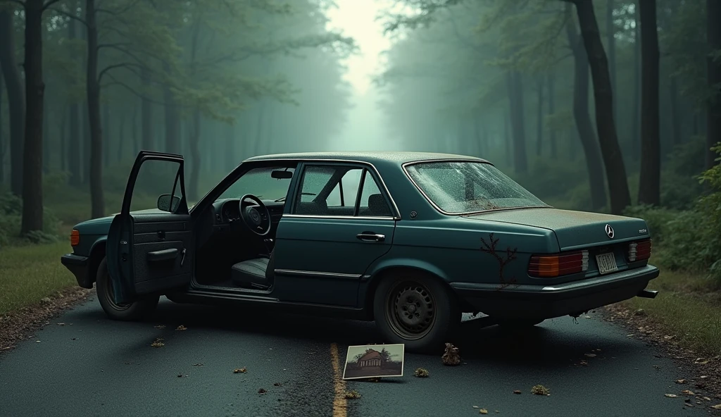 The Aftermath: Abandoned Car
The final scene shows Lucy’s car abandoned on the side of a desolate road in the early morning light. The car doors are wide open, and the interior is covered in deep, jagged scratches, as if clawed by something monstrous. The surrounding forest is calm, with no sign of Lucy or the Slenderman. On the ground beside the car, there is a single, old photograph of Lucy smiling at the cabin, with the ominous figure of Slenderman lurking in the background, watching.