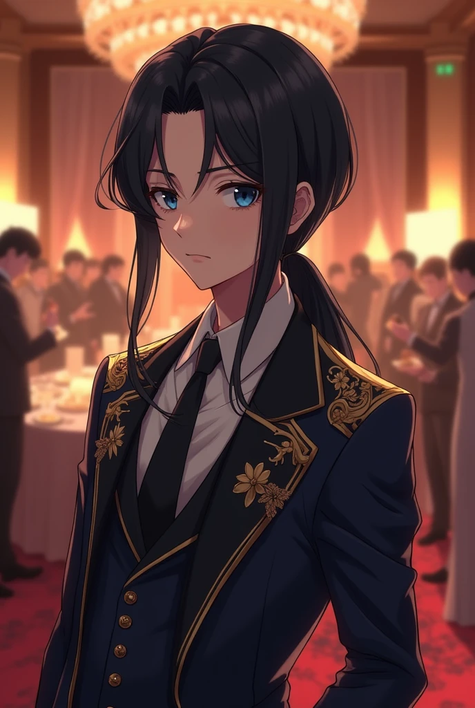 Boy in anime with long black hair with long low ponytail short cap on his forehead dark blue eyes dressed in elegant suit at an anniversary party
