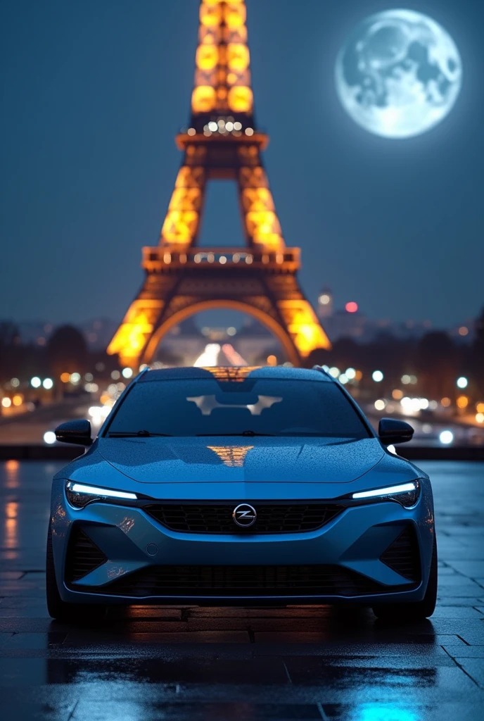 Create a high quality 16K HD image, ultra realistic, photo realistic, plan de3/4 before, prototype opel, avec les trait distinctif de l’opel Astra 6, compact sedan coupe, with features reminiscent of the Opel Manta E, the features of the 504 legend. Grille front opel visor, calandre new opel astra 6, calandre opel new moka,feu diurne allumer, rear window slightly tinted, revealing a modern interior, two-tone body colors sky blue kobalt metallic and black, black rim. Position on the Eifel Tower esplanade, nuit, city lights and Eifel tower, reflection of moonbeams and city lights on the bodywork, realistic opel logos.