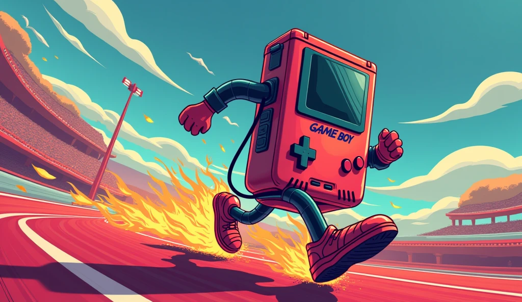 Game boy running in track with fire shoes with word GameKeeper