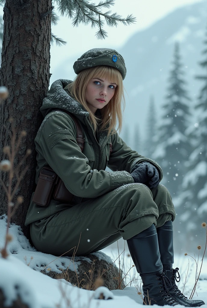 The girl is a Russian sniper in a military uniform, she has blue eyes and straight straw-colored hair, she has a weapon behind her, she is sitting in the forest by a tree on a stone, behind her are high snow-capped mountains, and it is snowing heavily