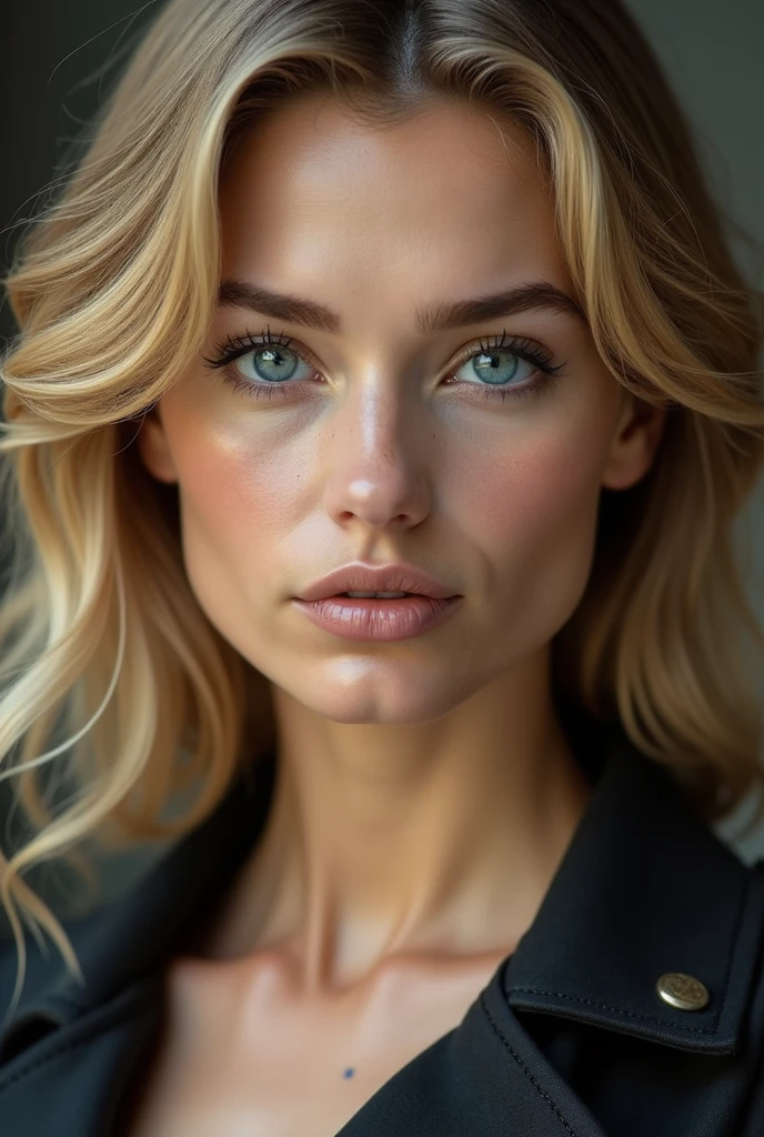 French woman with blue eyes, blond hair, generous figure and a thin mouth