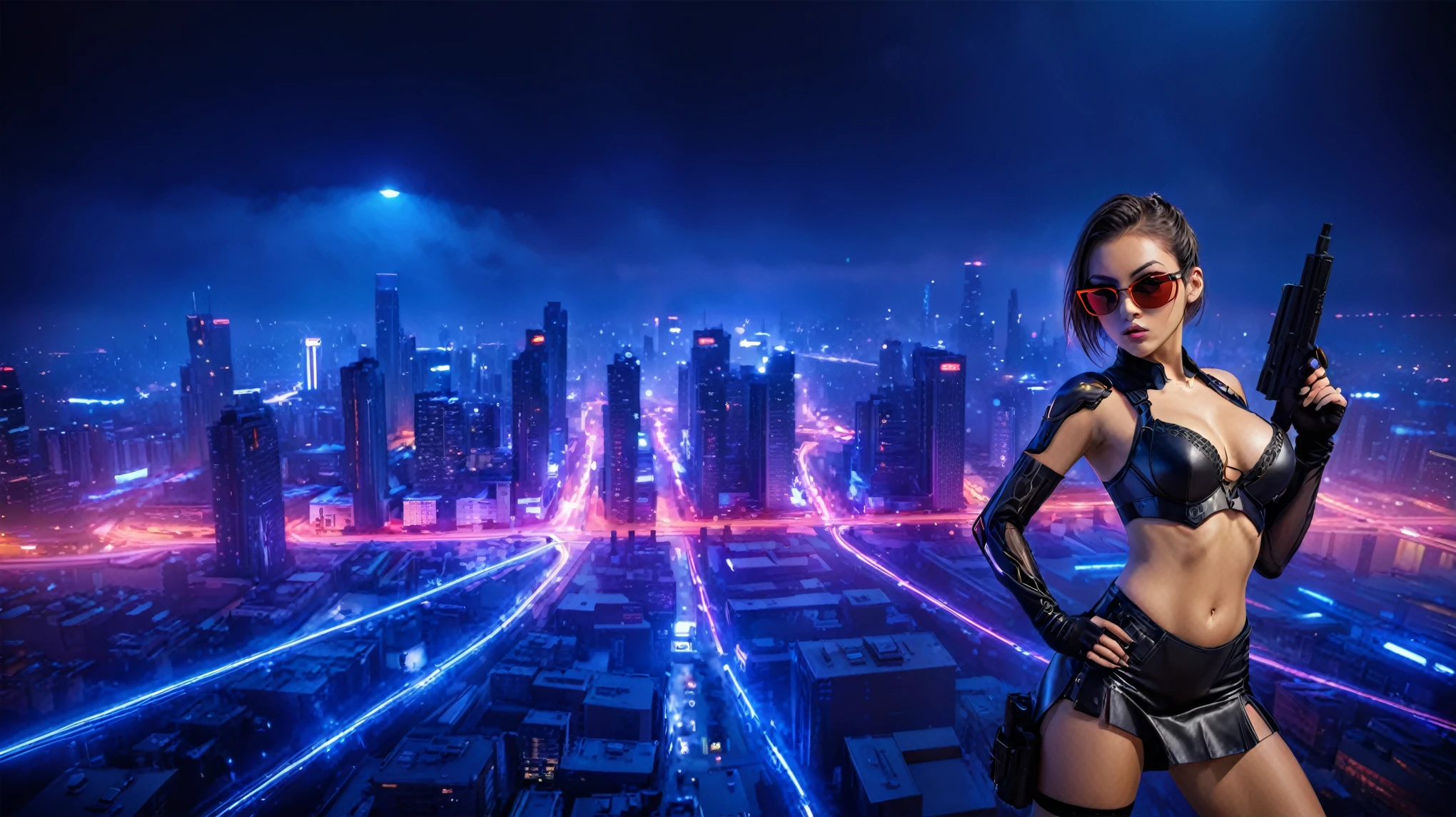 (High view). There's a cyborg woman (8k) wearing a futuristic leotard (best quality) standing in a cyberpunk city alley at night, darksynth aesthetic, red neons, haze, 1drone, foggy night, ultra detailed, photorealistic. At night, (1girl, solo, alone), photorealistic, medium-breast slim:0.6 body, oval:0.5 face, cleavage:1.1, sexy black laced bra, miniskirt, white laced panty, coat, (black micro sunglasses), (holding a short gun), (slightly leaning forward running pose), ((half-body thigh level medium shot)), cinematic lighting, ray tracing, motion blurred background.