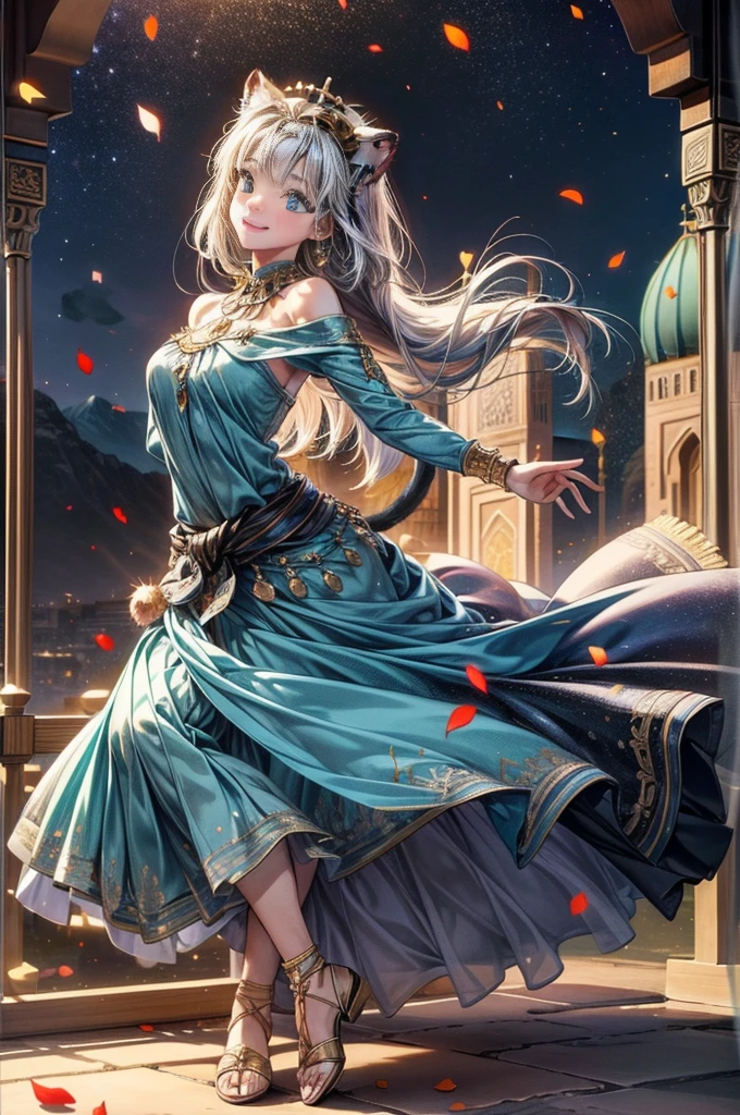 (masterpiece), (Highest quality), High resolution, Very detailed, (非常にDetailed Background, Detailed Background), Very detailed, Realistic, One beautiful and gorgeous girl, (Cat ear), Off the shoulder, Islam in North Africa, Alhambra, (Islamic Africa:1.2), colorful, In the desert, Long long platinum bond shining hair, Big crystal eyes, smile, ((Dancing Arabian Dance)), Light, Broken glass, I have a pet lion, (Shining brightly), ((dazzling)), (With lots of floating petals, ((3d)),