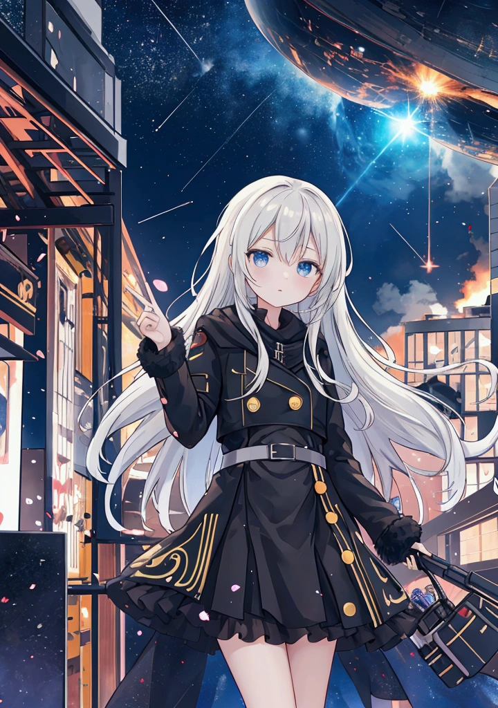 World, Galatic background, skyfall, metoride, bullets fall from the sky, chaos, at the city, blackhole at the sky, Valhalla view, screnery only,