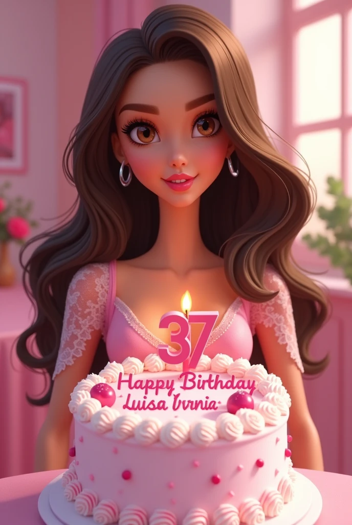 Create a barbie-style caricature of a woman with wavy brown hair down the middle of her back and brown eyes with a cake that says happy birthday Luisa Ivania in the background ,and on the cake 37 years pink dress with lace sleeves