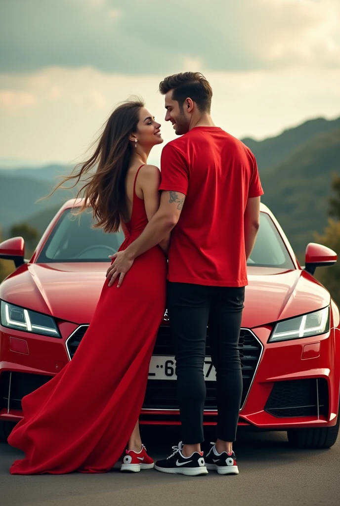 A girl with his lover. And she have a  Audi TT .that car number is KL 66 B 777.and she's dress has a red frok and that boy's dress was red shirt and black pant  boy have Nike shoes girl also have Nike shoes  she have very long hair and natural beauty
