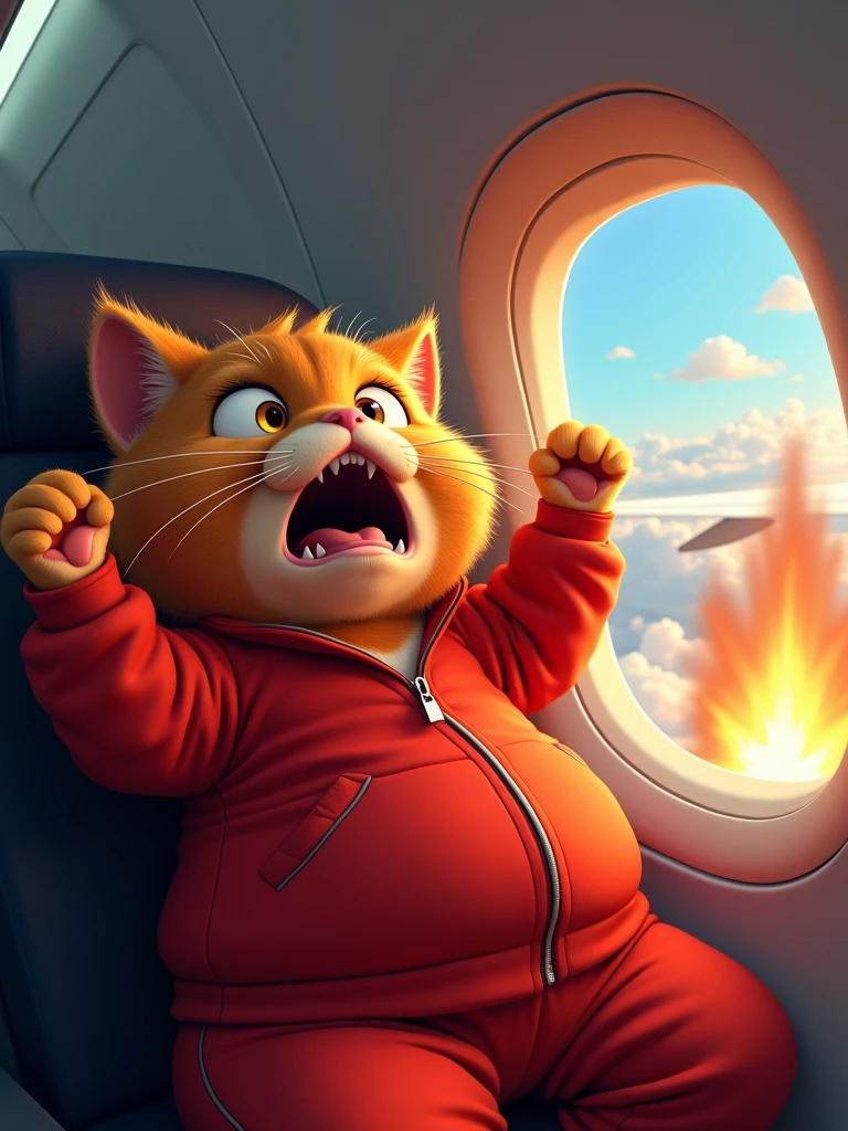 Envision a cartoonish, chubby cat with vibrant ginger fur. This cat bears the characteristics of a real-life British cat, complete with brown eyes. It's dressed in a bright red track suit. The scene is set inside an airplane with the cat seated next to a window, looking out. The airplane is airborne, soaring amongst the clouds. Outside the window, under the wing, the plane's engine is ablaze. The cat, panic-stricken, screams in horror, with its paws lifted in the air. The image emulates the styles of hyperrealism and photorealism, demonstrating an aesthetic beauty, simply realistic with high resolution and detailed precision. 