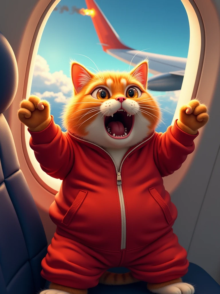 Envision a cartoonish, chubby cat with vibrant ginger fur. This cat bears the characteristics of a real-life British cat, complete with brown eyes. It's dressed in a bright red track suit. The scene is set inside an airplane with the cat seated next to a window, looking out. The airplane is airborne, soaring amongst the clouds. Outside the window, under the wing, the plane's engine is ablaze. The cat, panic-stricken, screams in horror, with its paws lifted in the air. The image emulates the styles of hyperrealism and photorealism, demonstrating an aesthetic beauty, simply realistic with high resolution and detailed precision.
