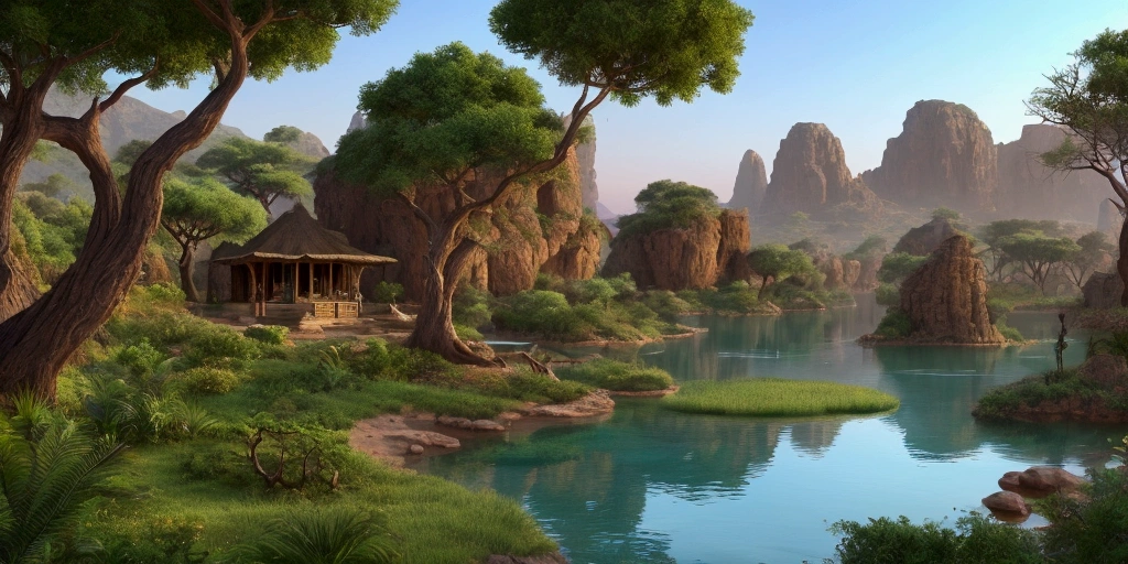 Breathtaking view of the African wilderness, beautiful sunrise over a tranquil lake, a very small African hut on one side of the scene, dramatic cinematic lighting, majestic rock formations, no animals or evil, breathtaking view, high detail, (best quality, 4k, 8k, high definition, masterpiece: 1.2), high detail, (realistic, realistic, photorealistic: 1.37), dramatic lighting, cinematic composition Pixar style close to cartoon, the land area is larger than the lake Trees and rocks Attention to precise theatrical perspective High quality on the scale of theatrical design Clear details Greek character dominates the setting, D&D game. Animation style Asar African tribe