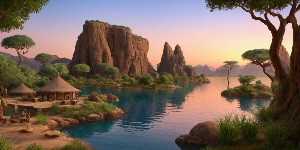 Breathtaking view of the African wilderness, beautiful sunrise over a tranquil lake, a very small African hut on one side of the scene, dramatic cinematic lighting, majestic rock formations, no animals or evil, breathtaking view, high detail, (best quality, 4k, 8k, high definition, masterpiece: 1.2), high detail, (realistic, realistic, photorealistic: 1.37), dramatic lighting, cinematic composition Pixar style close to cartoon, the land area is larger than the lake Trees and rocks Attention to precise theatrical perspective High quality on the scale of theatrical design Clear details Greek character dominates the setting, D&D game. Animation style Asar African tribe
