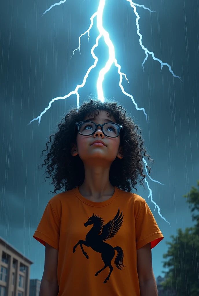 Girl wearing glasses curly hair to shoulder dark skin brown eyes orange t-shirt with black Pegasus symbol in the rain looking at lightning in the sky