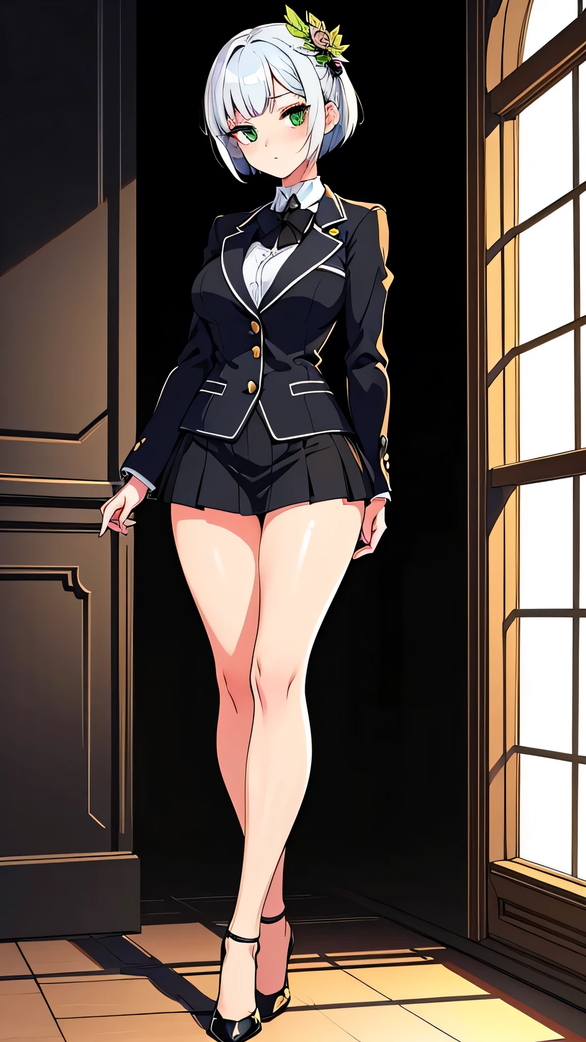full body, all intricate details, cientificamente: perfect body, girl 1, (masterpiece, best quality:1.2), illustration, solo, 1girl view, short hair, white hair, green eyes, short green blazer, black miniskirt, detailed background, looking at viewer, hair ornaments, indoors, sexy pose, front and sexy angle, open clothes