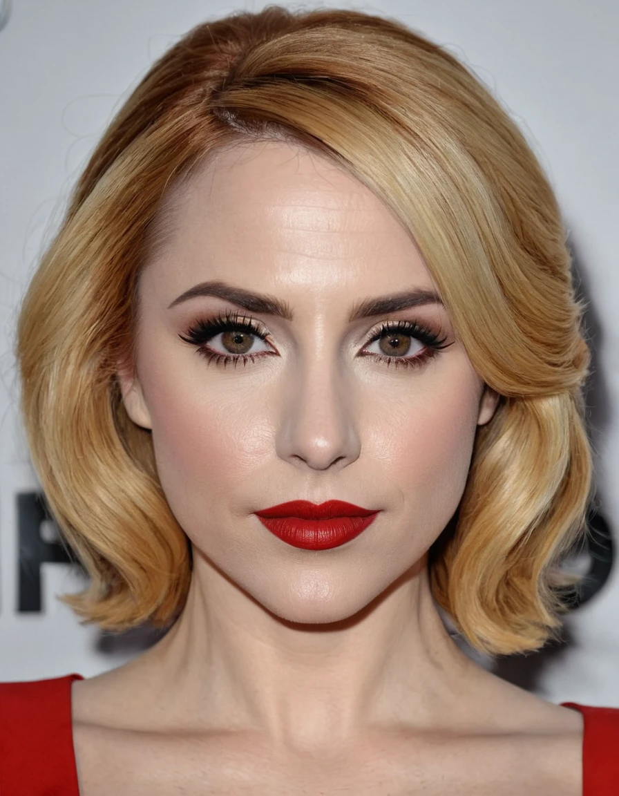 A waist-up portrait of a beautiful female whose facial features are a combination of Molly C. Quinn + Cara Buono. The female has lovely makeup on her face. The female wears red lipstick. Symmetrical eyes. Symmetrical face. Lovely details. Photorealistic. Full-colored photo. Professional photo. Highly detailed 8K.