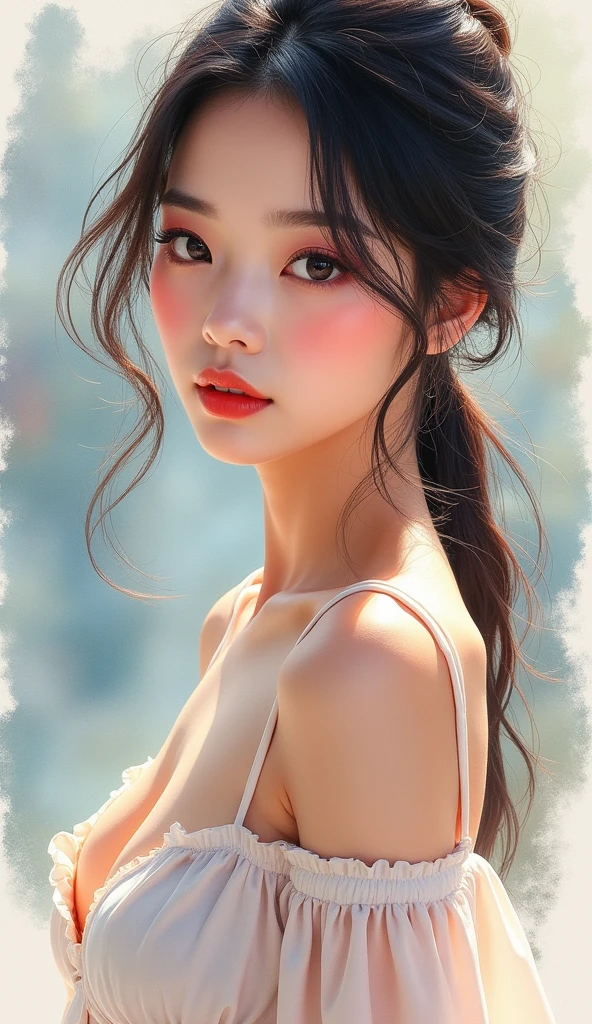 Super idol, Korean girl cute, realistic watercolor illustration, beautiful detailed eyes, cleavage