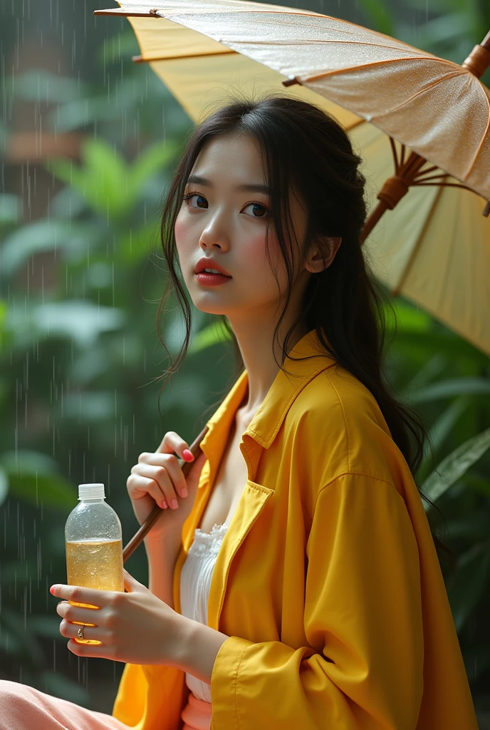 (photorealism:1.2), beautiful woman Indonesian face, half body, wearing yellow jacket, left hand holding umbrella and right hand holding water mineral botol plastic, with rainy weather, outdoor, soft lighting, plants in background, cozy room, relaxed pose, realistic, intricate details, warm colors