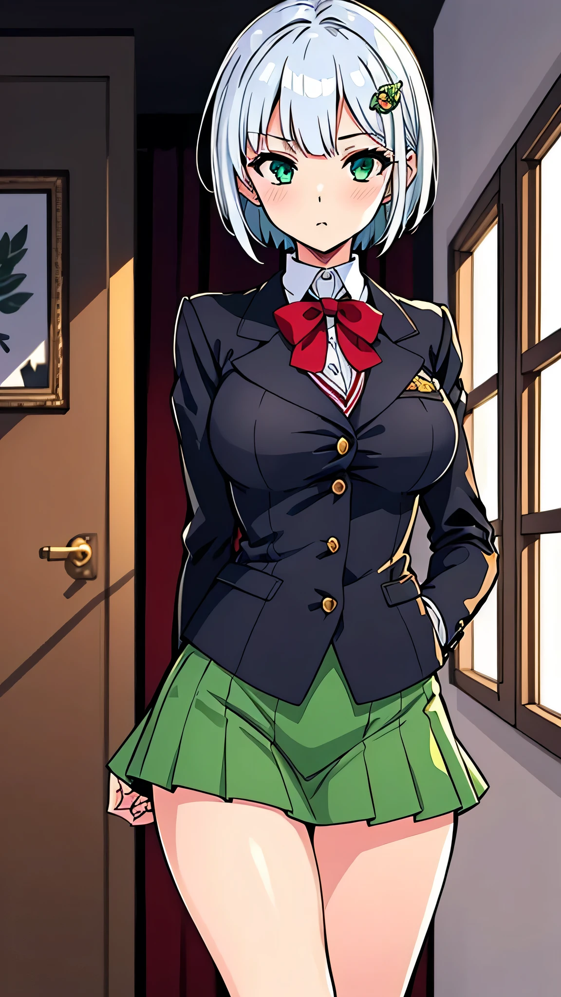 all intricate details, cientificamente: perfect body, girl 1, (masterpiece, best quality:1.2), illustration, solo, 1girl view, short hair, white hair, green eyes, short green blazer, black miniskirt, detailed background, looking at viewer, hair ornaments, indoors, sexy pose, front and sexy angle, open clothes