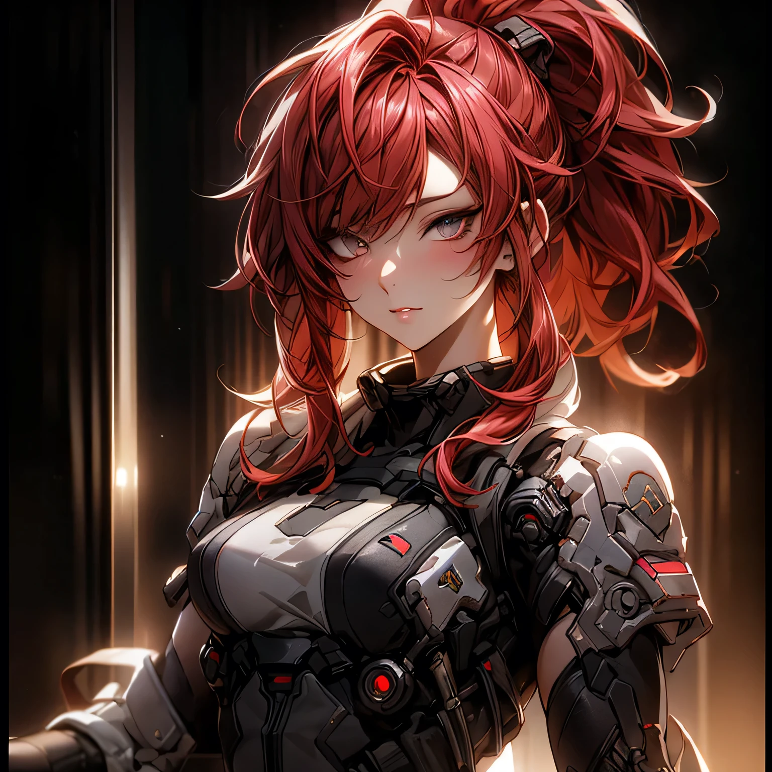 ((best quality)), ((Masterpiece)), (details:1.4), 3d, Image of a beautiful cyberpunk woman, HDR (high dynamic range), mature woman, Curtain Bangs, High ponytail, Red hair, beautiful White eyes, SWAT uniform, PBR surface, After processing, Anisotropic filtration,depth of field, Maximum clarity and clarity, multi-layered surface, perfect proportions, 8K raw files, cyberpunk, at night, ผมหลายชั้น,  กระโปรงสั้น, natural lighting, soft lighting, sunlight, หน้าอกใหญ่,