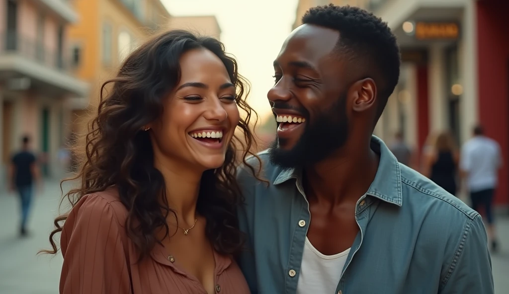 cinematic photo of mixed couple laughing, high resolution, realistic details, ultra 8k