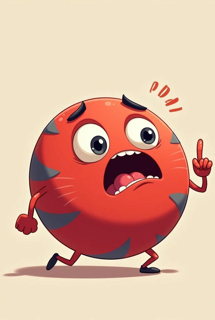 Cartoon of a red ball rolling around with big eyes and grey stripes and rude gestures