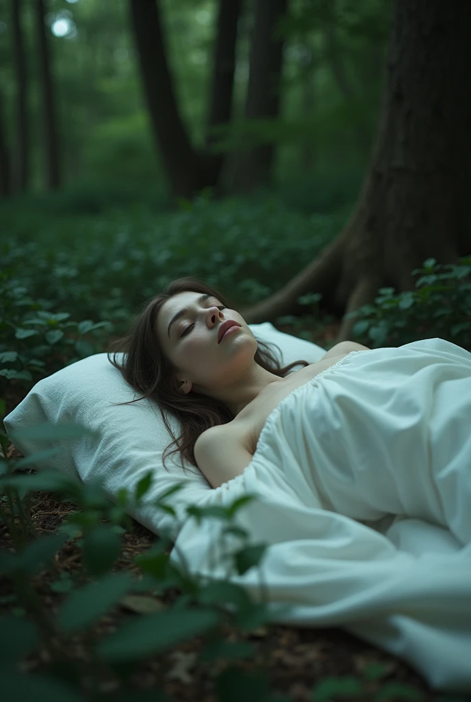 A beautiful girls dead body laying down and covering with white cloth half naked in a bed 4k realistic full body displayed head to leg in a forest
