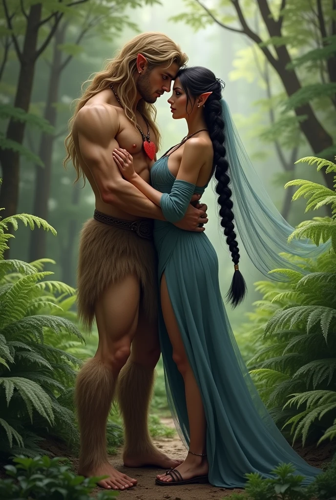 A handsome young man with long beige hair down to his knees. He is bare-chested and tanned.. He has brown furry legs with hooves., he is still a faun or a satyr. He is only , he is a very young satyr. It is very beautiful. He is very young.. Facial features are masculine. He has a red heart pendant on his chest.. He stands in a forest of ferns, and a woman hugs him. The woman has tanned skin, two long black thick braids down to the ground, Eyes black. She is dressed in a blue floor-length tunic with a brown belt.. On her head she has a thin and light transparent veil that reaches to the ground.. Shoes women brown sandals.