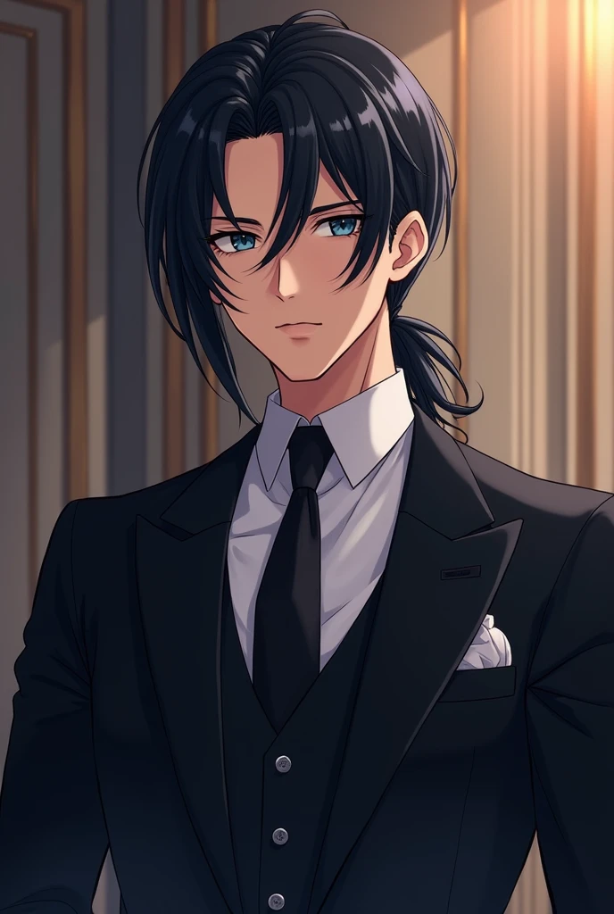 Anime boy with long black hair with low ponytail dark blue eyes muscular body dressed in elegant suit at an anniversary party. 
