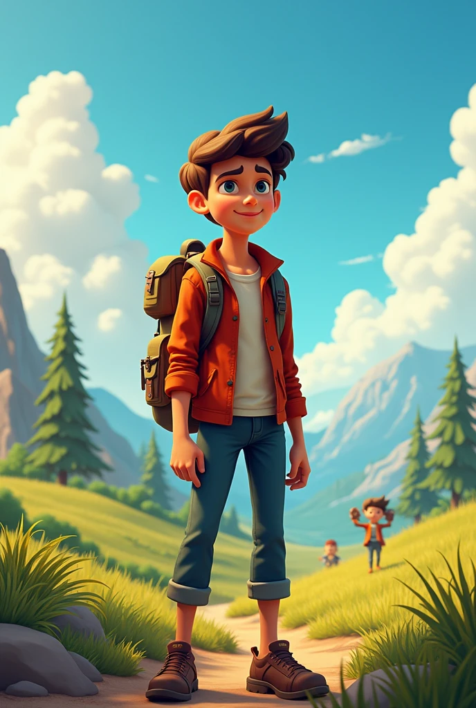 "Leo, holding a weathered, ancient-looking map, stands confidently as he points towards a distant location. Behind him is a vibrant landscape with hills, trees, and a clear sky, suggesting a world of possibilities."Sam with Backpack