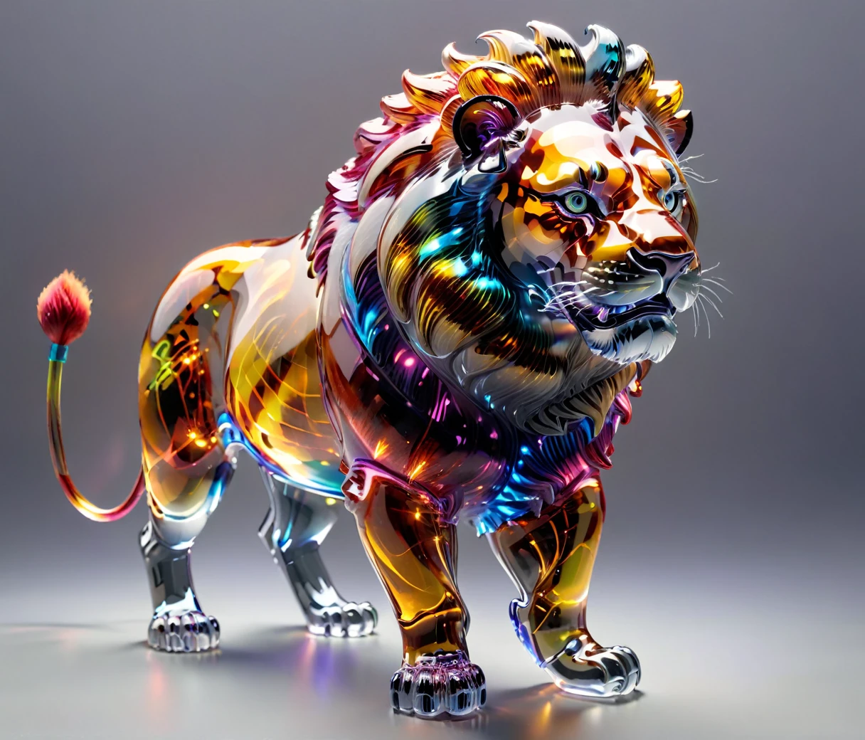 (cute, chubby, male, lion), glowneon, sparks, transparent glass sculpture, vibrant colors, hires textures, highly detailed, intricate details, best quality, photorealism, masterpiece, (((grey background))), detailxl