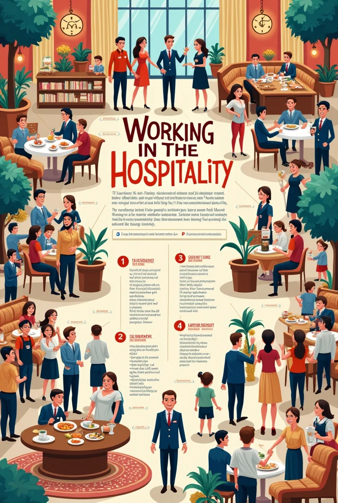 can you create a poster about describing the things that you expect to encounter while working in the hospitality industry, create easy drawing ideas