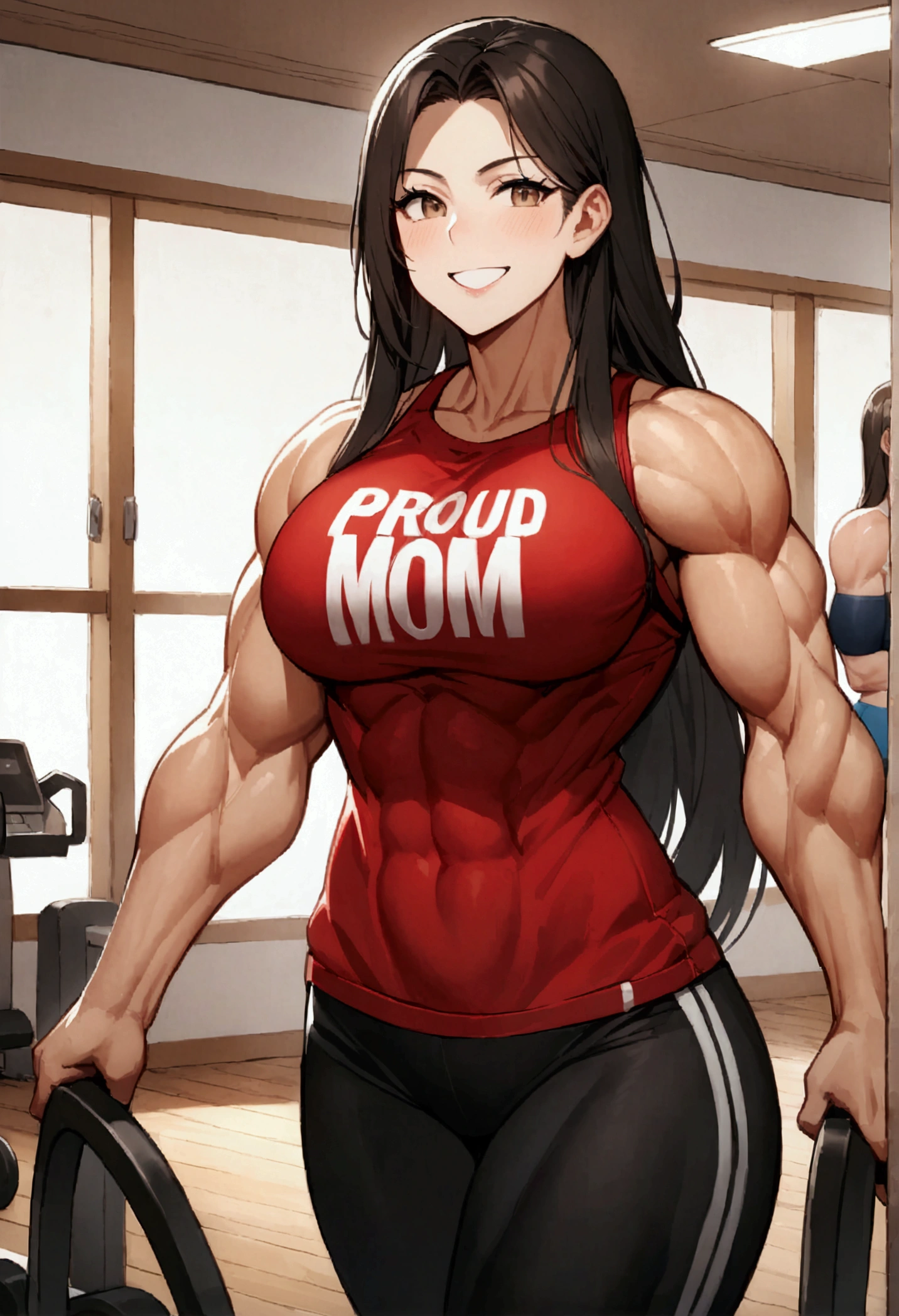 A vibrant gym scene featuring a tall, athletic mother with long hair and a toned, well-defined body, though not overly muscular. She's wearing a t-shirt with the words "Proud Mom" printed on it, and she is flexing her muscles with a confident smile. Beside her is her young daughter, who is much shorter but has extraordinarily large muscles, especially her biceps, which are impressively huge. The daughter stands confidently, showing off her enormous muscles with a big grin. The gym setting is modern, with various exercise equipment in the background, emphasizing the active and energetic atmosphere. The mother’s expression is one of pride and support, while the daughter radiates self-assurance, both enjoying their time together in this empowering moment.