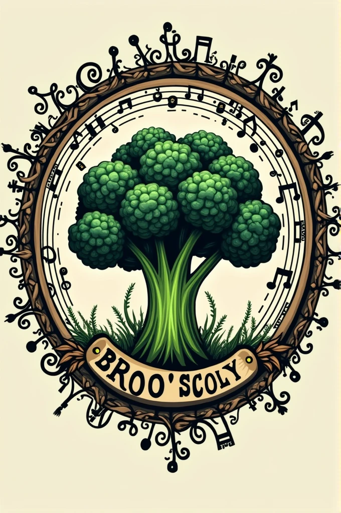 A circular logo featuring interconnected musical ornaments such as music notes, guitar keys, drum sticks, or microphones. At the center, a stylized broccoli image will be incorporated, resembling a guitar or drum. The band name "BROO'SCOLY" will encircle the outer part of the logo.
Add some guitar and drums siluet