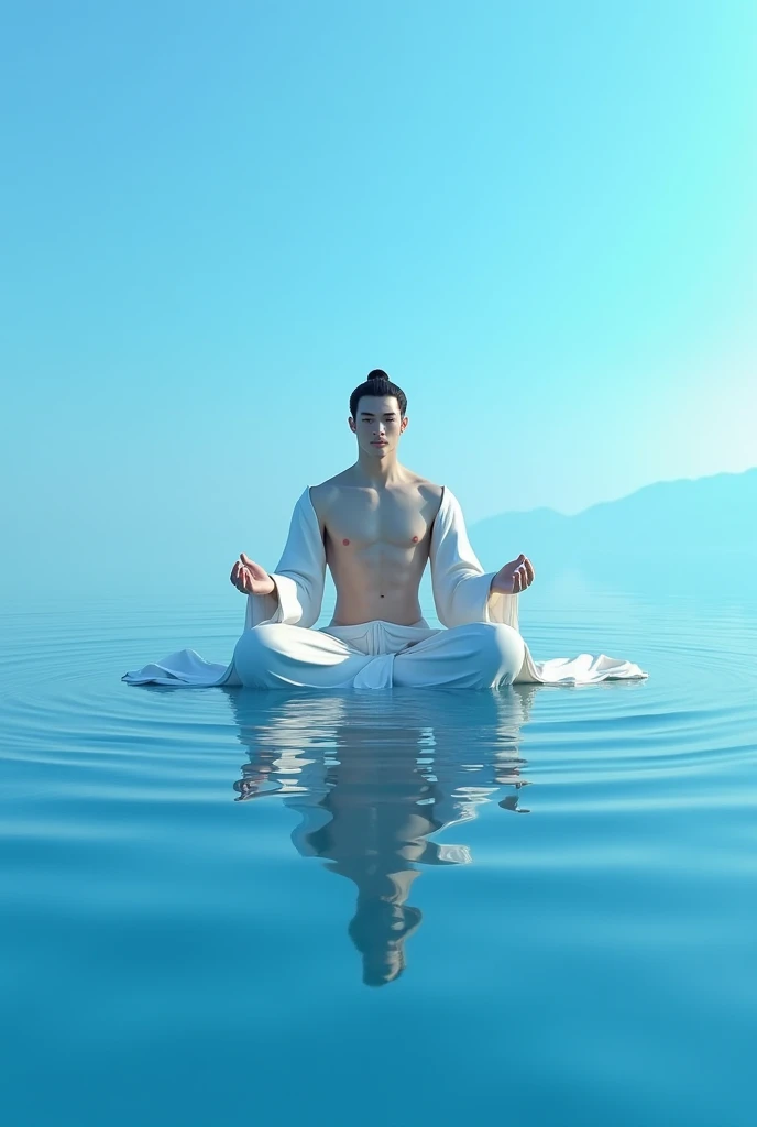 3D view, huge blue lake, a white-skinned man suspended in meditation, with ripples under his feet, a handsome man with a perfect body, perfect abdominal muscles, perfect muscle curves, a handsome man wearing Hanfu ((Chinese style, Asian man))