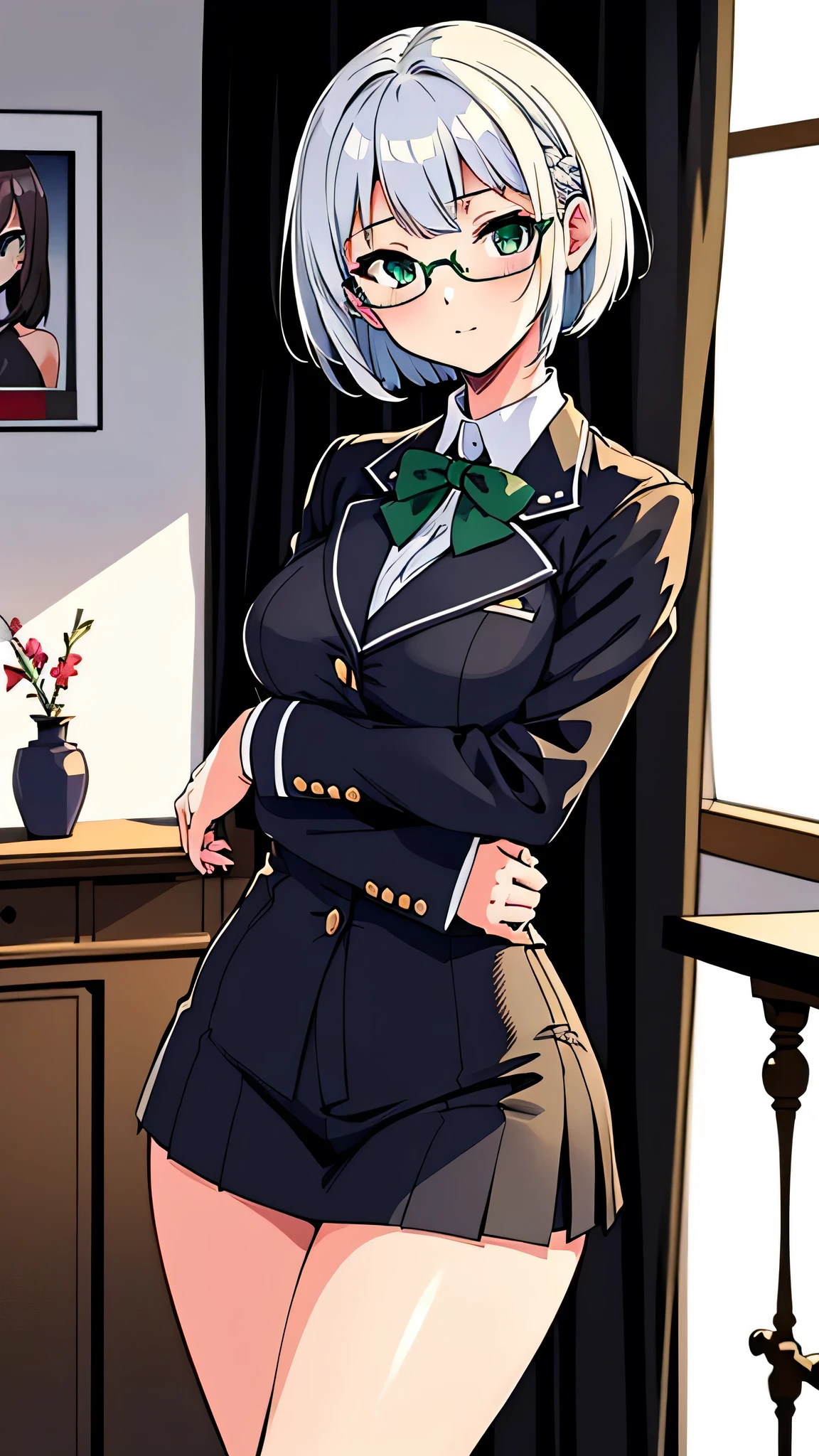 all intricate details, cientificamente: perfect body, girl 1, (masterpiece, best quality:1.2), illustration, solo, 1girl view, short hair, white hair, green eyes, short green blazer, black miniskirt, detailed background, looking at viewer, hair ornaments, indoors, sexy pose, front and sexy angle, open clothes